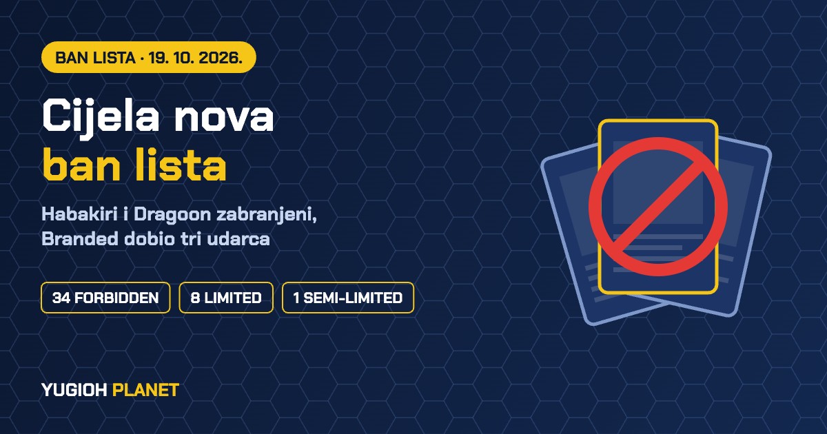 Naslovna slika: cijela nova Yu-Gi-Oh! ban lista od 19. 10. 2026. – 34 Forbidden, 8 Limited i 1 Semi-Limited karta