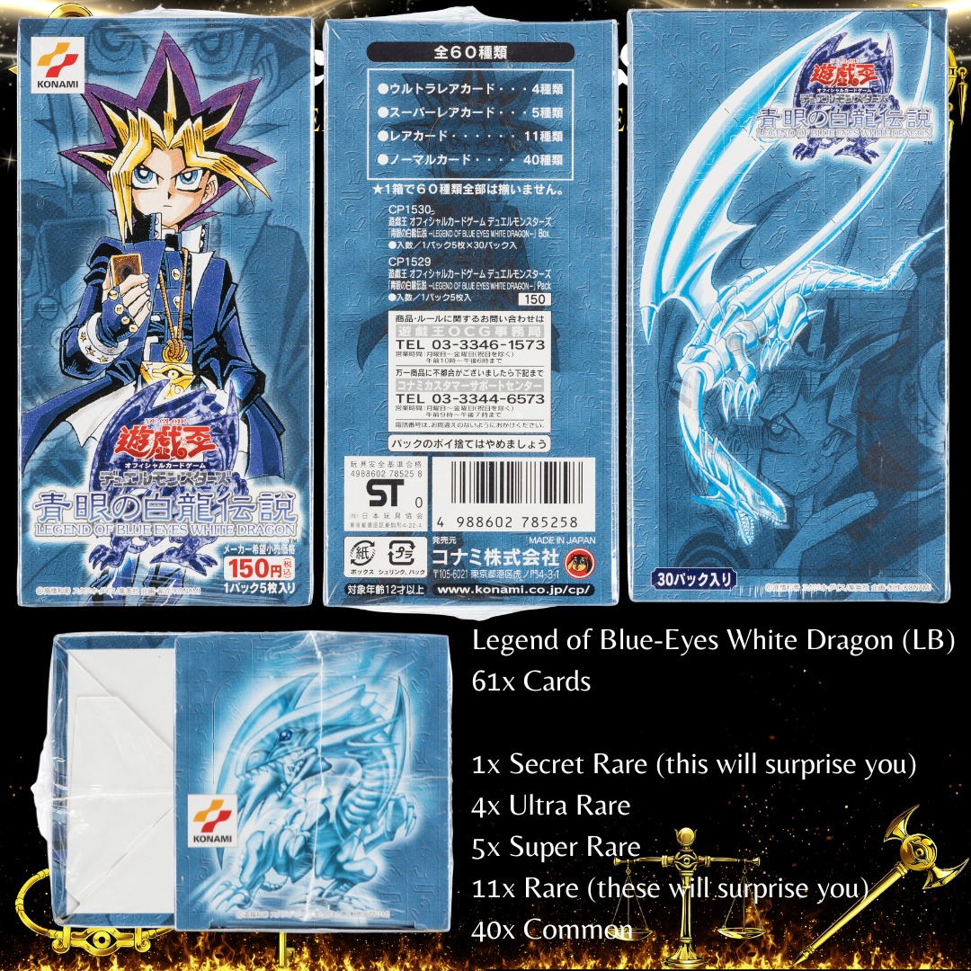 Box japanskog seta Legend of Blue Eyes White Dragon (LB) s podacima o 61 karti i rijetkostima