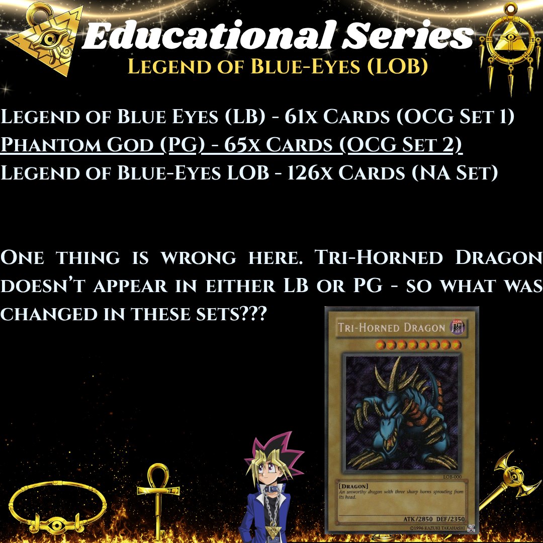 LB ima 61 kartu, PG 65, a LOB 126 – Tri-Horned Dragon nema ni u jednom od japanskih setova